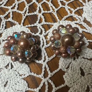 Elegant faux Brown Pearls and Crystal clip-on Earrings